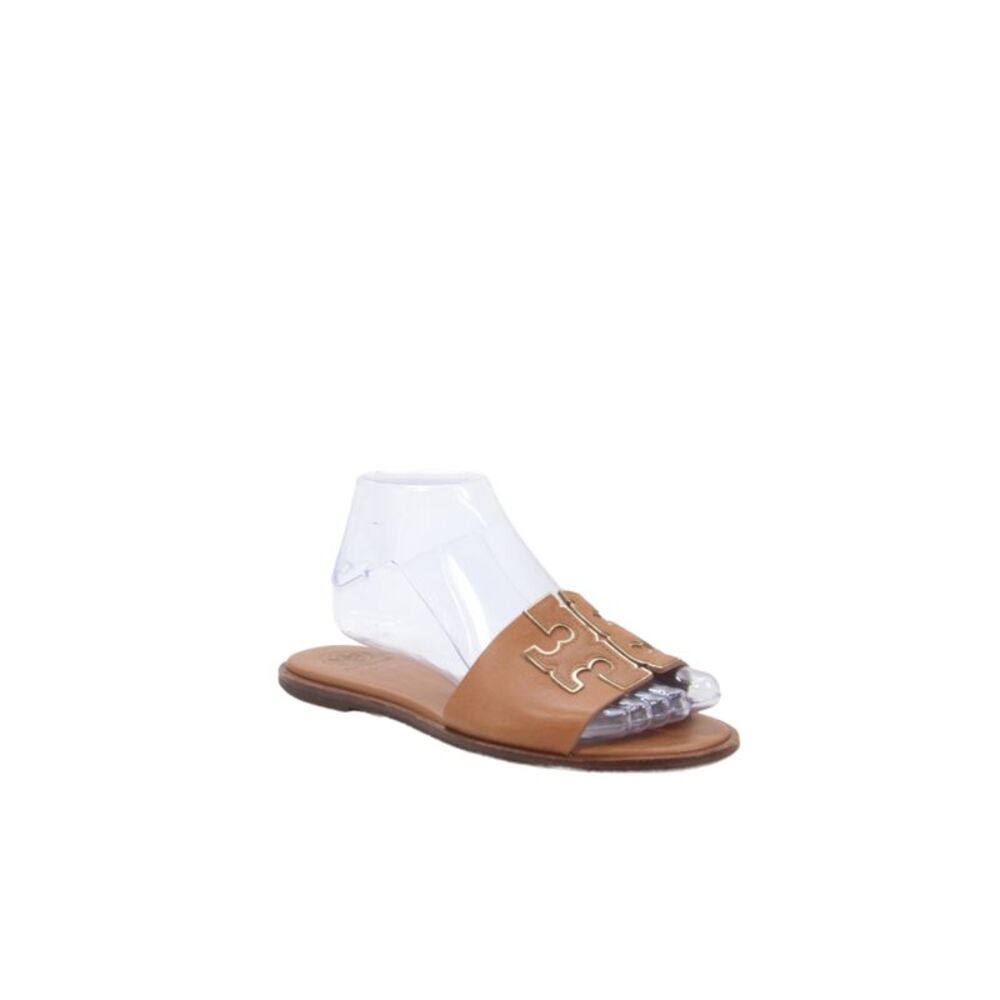 Tory Burch Womens Leather Logo Embossed Slip On Flat Sandals Shoes Brown Sz 7